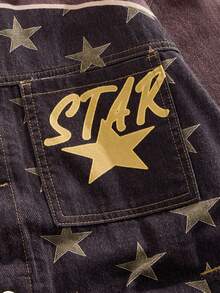 ROMWE MEN Street Life Men's Autumn Star Print Long Sleeve Single-Breasted Casual Denim Jacket