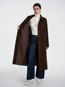 Aalyst 女士羊毛混纺衬衫领衬里纽扣前口袋长外套，法式复古办公室通勤商务休闲街头装，简单百搭秋冬装，适合万圣节、圣诞节、感恩节、下午茶派对、返校 - 棕色 - 查看 8