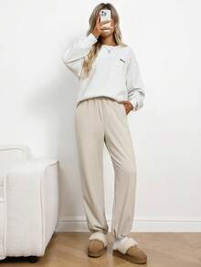 SHEIN LUNE Pantalones jogger casuales de mujer con cintura elástica, bolsillos y forro térmico, para otoño/invierno - Albaricoque - Ver 4