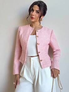 Firerie Áo khoác ngắn bằng len pha họa tiết cổ tròn, eo kim loại, viền chữ A, tay dài, thanh lịch, tinh tế, tối giản, lãng mạn dành cho nữ, thời trang đường phố đi làm và hẹn hò, màu hồng vào mùa thu/đông - Hồng - Xem 5