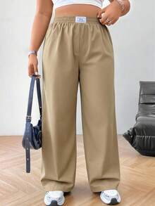 SHEIN PETITE CURVE Quần ống rộng màu đen thường ngày cỡ lớn dành cho nữ - Màu Khaki - Xem 6