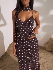 Opulessa 女士棕色波点印花休闲百搭吊带背心 - 棕色 - 查看 2