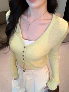 DAZY 女式休闲V领纽扣前长袖开衫，秋冬 - 綠色 - 查看 7