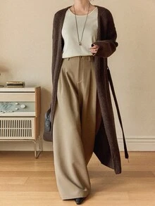 Dazy-Less Áo khoác cardigan dài dáng rộng, đơn giản, màu trơn, vai rớt, có thắt lưng dành cho nữ, thích hợp mặc hàng ngày đi làm, mùa thu/đông, phong cách công sở. - màu nâu - Xem 4