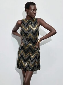 Maija 女式波浪条纹亮片圆领无袖时尚迷你连衣裙 - 彩色 - 查看 4