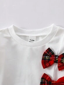 SHEIN Playful Pals 两件套女婴夏季时尚简约可爱棕色长袖圆领连帽衫，饰有黑色蝴蝶结，搭配黑色喇叭裤，适合日常穿着和拍照 - 紅色 - 查看 5