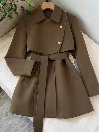 Franclia Fashion French Retro H-Shaped Belt Waist Temperament Slim Lapel Camel Color Going Out Tops Women's Autumn And Winter Windbreaker Jacket Women's Winter Clothing Winter Clothing Women's Business Casual Wear