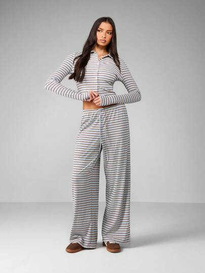 MISSGUIDED Striped Button Front Long Sleeve Crop Top Palazzo Pants Lounge Coordinated Set Elastic Waist Fall Winter Casual Two Piece Outfit