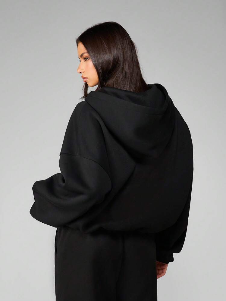 MISSGUIDED Sudadera con capucha con cremallera completa oversize, estilo urbano clásico casual con cordón en la cintura, ropa de estar en casa cómoda para invierno y otoño con logo frontal