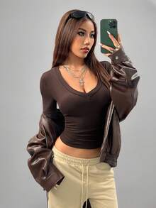 Coolane 女式秋冬休闲针织羊毛 V 领 T 恤 - 咖啡棕 - 查看 4