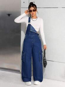 SHEIN 少女 Y2K 休闲水洗蓝色牛仔背带裤，女孩秋冬装，街头酷炫牛仔装 - 深色水洗藍 - 查看 6