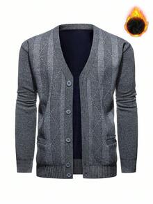 Manfinity Homme 韩版成熟简约V领开襟毛衣男士外套，秋冬保暖内衬厚针织开衫男士针织纽扣毛衣外套灰色开衫男士服装在线男士开衫毛衣，垃圾摇滚风格 - 黑色 - 查看 1