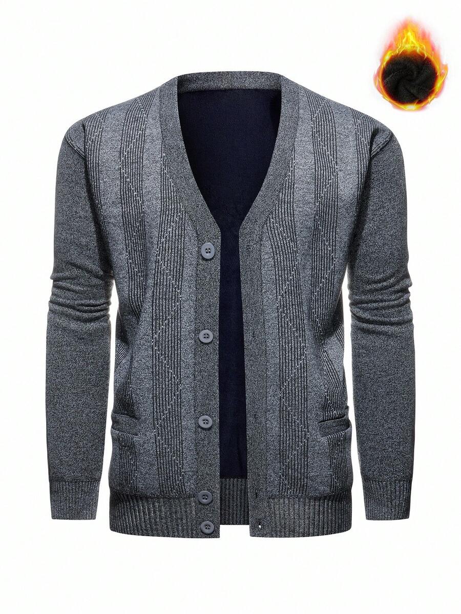 Manfinity Homme 韩版成熟简约V领开襟毛衣男士外套，秋冬保暖内衬厚针织开衫男士针织纽扣毛衣外套灰色开衫男士服装在线男士开衫毛衣，垃圾摇滚风格 - 黑色 - 查看 1