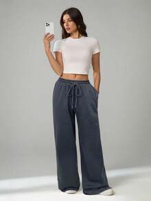 SHEIN Tall Spring And Summer New Casual And Versatile Slim Low-Waist Elastic Waistband Loose Wide-Leg Sweatpants Wide Leg Sweatpants Comfy Pants Flow Pants Drawstring Pants Loose Pants