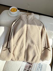 SHEIN Chaqueta casual beige esponjosa con decoración de lazo para niñas, versátil para ir y venir - Beis - Ver 3