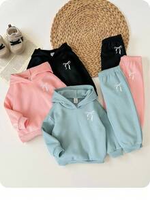 Set de 6 piezas Sudadera con capucha y pantalón de cintura elástica con patrón de corazón de unicolor lindo para bebé niña, otoño/invierno