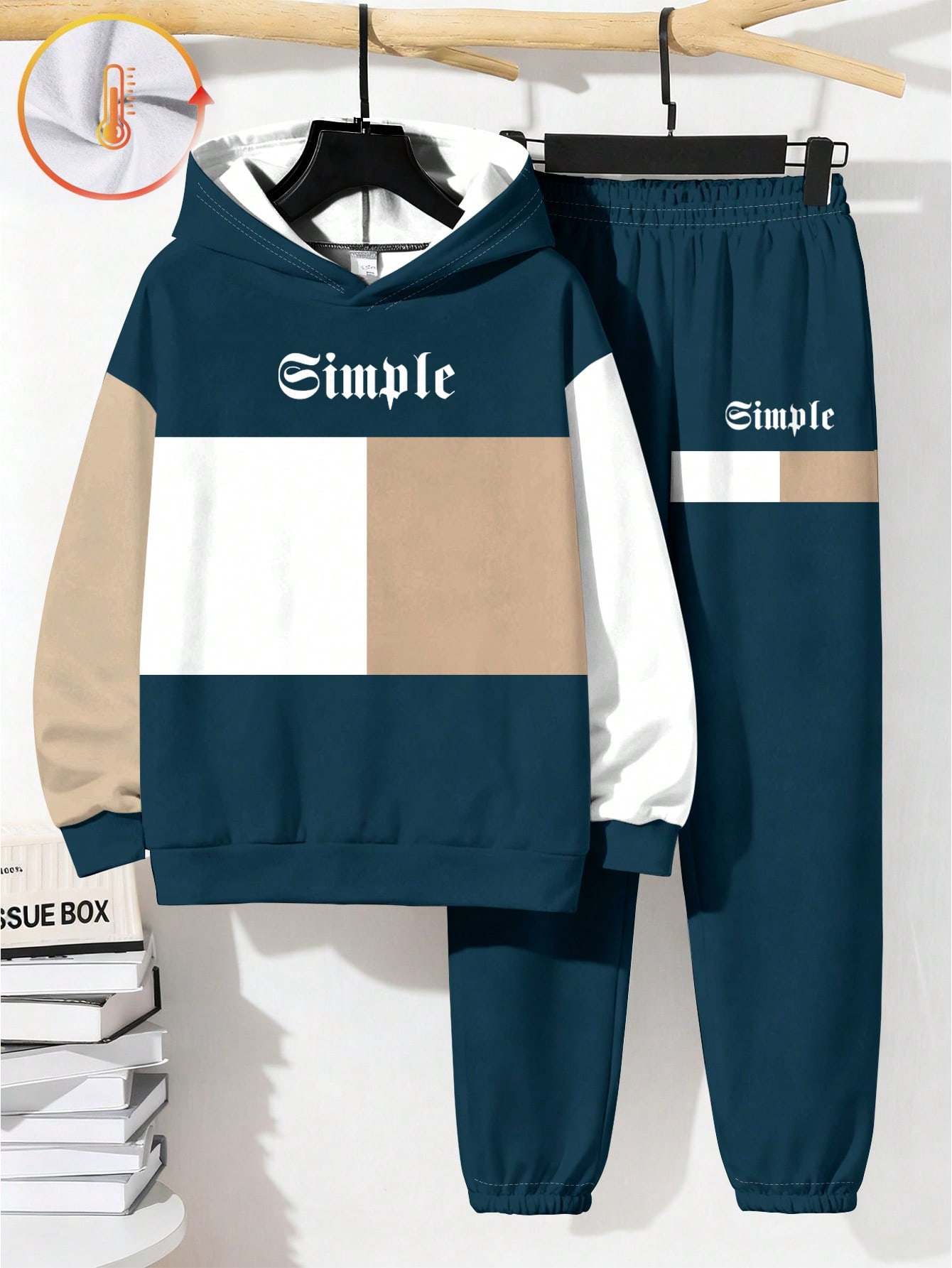 مجموعة بلوزة هوديي أزرق بأكمام طويلة بسيطة وكاجوال...