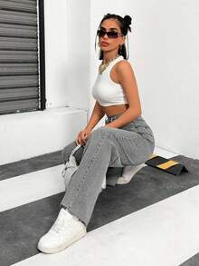 SHEIN 女式宽松休闲牛仔裤，带侧袋和阔腿设计 - 灰色 - 查看 6