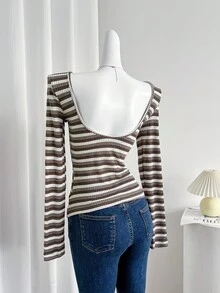 SHEIN LUNE Women's Striped Round Neck Long Sleeve Casual Backless T-Shirt - Multicolor - View 4