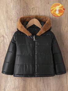 SHEIN Young Girls Black Reversible Zipper Hooded Collar Casual Padded Coat, Winter - Black - View 5