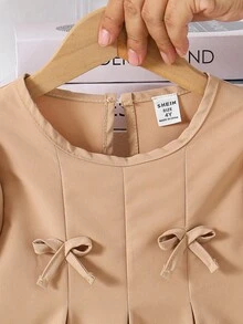 Elladie kids 少女休闲蝴蝶装饰衬衫和裤子套装，秋季 - 卡其色 - 查看 8