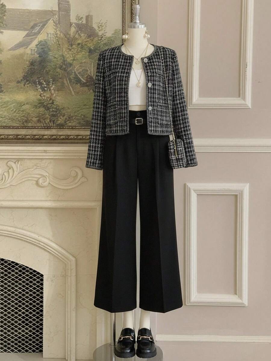 SHEIN MOD 大码女式格子长袖链条装饰优雅夹克,秋季 - 黑色 - 查看 1