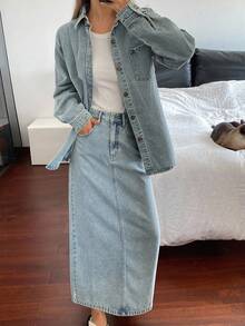 DAZY 女士牛仔衬衫领衬衫和长款直筒牛仔裙优雅都市休闲牛仔套装 - 淺色水洗藍 - 查看 1