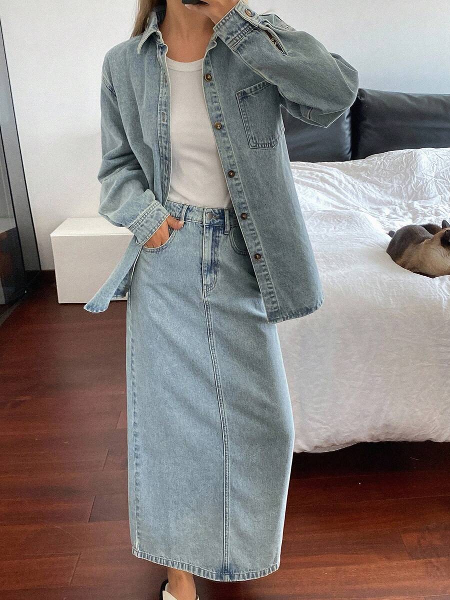 DAZY 女士牛仔衬衫领衬衫和长款直筒牛仔裙优雅都市休闲牛仔套装 - 淺色水洗藍 - 查看 1