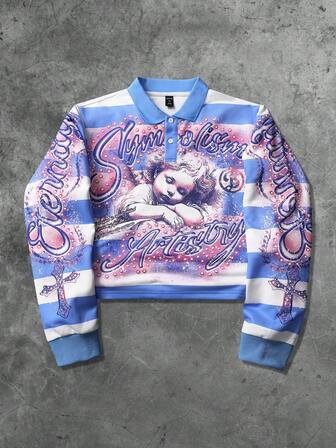 Street Life Men Streetwear Stripe Angel Printed Quarter Button Pullover Sweatshirt, Fall