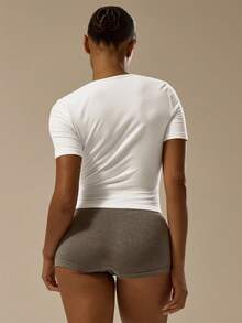 MUSERA ESSENTIALS Áo kiểu dáng ôm sát, cổ chữ V khoét sâu, tay ngắn xắn gấu, chất liệu cotton pha, thanh lịch, cơ bản, gợi cảm, thích hợp cho mùa thu, xuân hè, đi nghỉ mát. - trắng - Xem 4