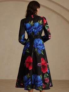 Aveloria Revavyn Elegant Floral Print High Neck Ruched Front Long Sleeve Midi Dress, Autumn/Winter - Multicolor - View 2