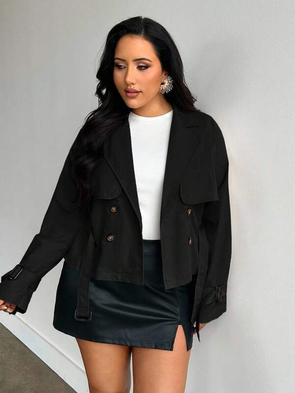 Firerie Plus Size Women's New Khaki Belted Pocket Short Trench Coat Autumn Winter Clothes For Women