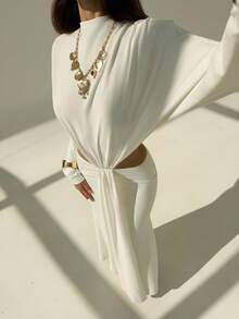 Aloruh Weißes minimalistisches, sexy, rückenfreies Langarm-Bodycon-Kleid mit taillierter Taille und ausgestelltem Rock für Frauen - Weiss - Übersicht 7