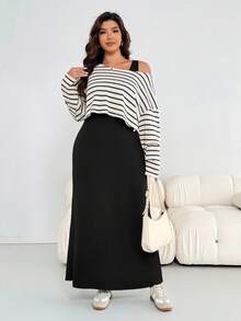 SHEIN Essnce Plus Size Women's Autumn And Winter Fashion Casual Loose Comfortable Daily Versatile Slim Apricot Striped Top And Black Long Vest Dress Two Pieces Set,Fall Clothes,Airport Outfits,Simple Style - Apricot - View 3