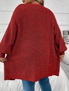 SHEIN LUNE 大码女式纯色V领落肩休闲百搭开衫，秋冬 - 紅色 - 查看 2