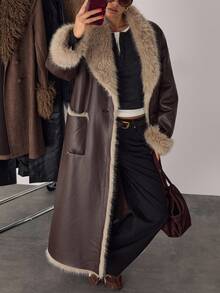 SHEIN BAE 女式复古拼布仿皮草夹克，秋冬 - 咖啡棕 - 查看 4