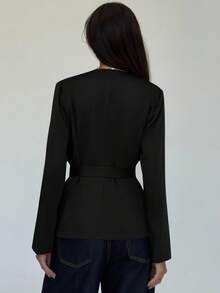 Aloruh 秋冬女士时尚纯色深V领西装外套 - 黑色 - 查看 2