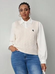 SHEIN Tall CURVE Plus Size Women's Casual V-Neck Knitted Vest With Knight Pattern, Autumn/Winter - Apricot - View 5