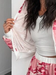 Sparklyn Y2K 街头服饰少女酷女孩短款连帽拉链外套 + 迷彩拼布宽松阔腿运动裤套装 - 粉色 - 查看 5