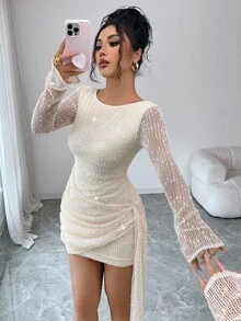 Rafferiza 女式合身针织不对称下摆串珠休闲度假派对连衣裙，性感节日鸡尾酒会连衣裙 - 杏色 - 查看 6