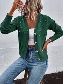 EMERY ROSE Áo khoác cardigan dài tay màu trơn họa tiết ngọc trai giả cho nữ, mùa thu - màu xanh lá - Xem 3