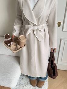 SHEIN EZwear 杏色梭织女式优雅长袖翻领大衣 - 杏色 - 查看 7