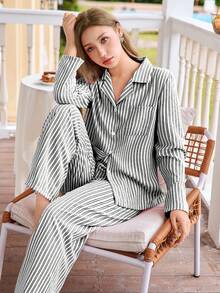 SHEIN 黑色条纹翻领上衣和裤子宽松休闲女式睡衣套装，秋冬服装 - 藏蓝色 - 查看 1