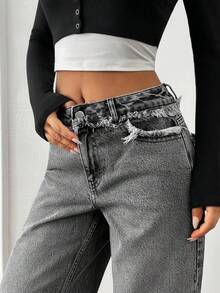 EURMUSE Jeansy Y2K ze średnim stanem i prostymi zdobieniami - Szary - Zobacz 4