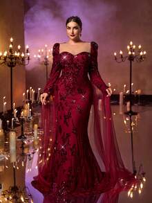 Aureia فستان أنيق رومانسي أحمر اللون بتصميم رقبة قلب شفاف من الشبك والتطريز الفاخر بالخرز وذيل سمكة الحورية، مناسب للزفاف والحفلات والمناسبات المسائية (مزخرف بشكل كبير)