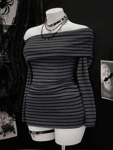 Sunspun 大码女式性感条纹露肩斜领长袖休闲条纹面料高弹舒适街头短款灰色连衣裙，长款休闲连衣裙 - 深灰色 - 查看 3