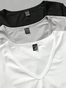 SHEIN EZwear 3 件女式深 V 领紧身休闲长袖 T 恤套装，黑色、灰色、白色，秋冬 - 彩色 - 查看 4