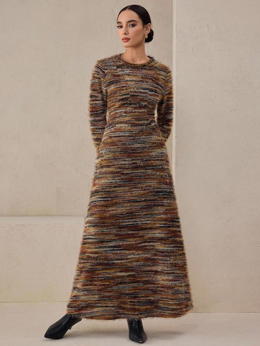Graceveil Robe pull en maille ajustée avec fausse fourrure pour femmes, design intarsia à manches longues, détail de découpe, affinante et élégante, automne/hiver - Multicolore - Voir 1
