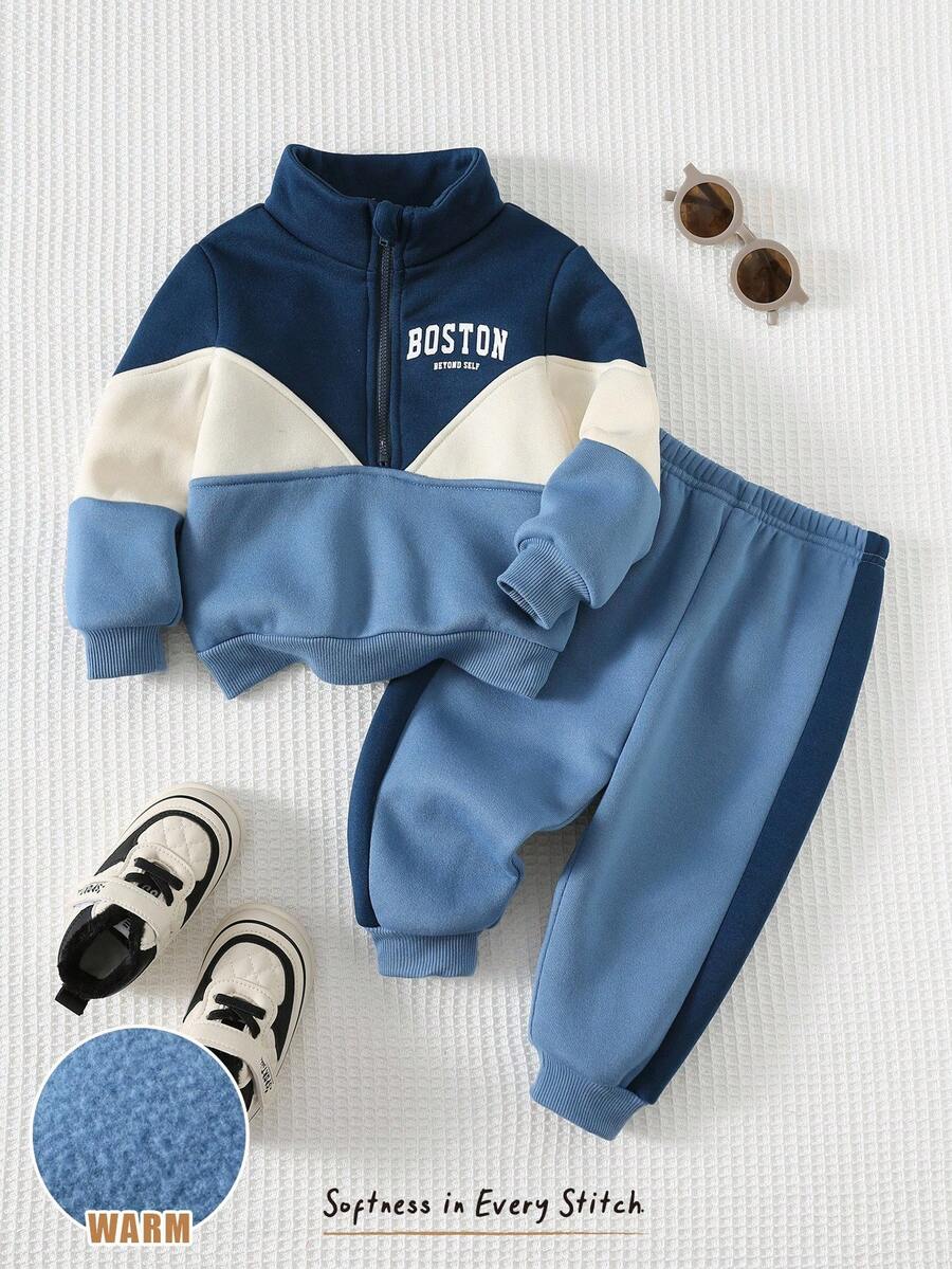 Cozy Pixies 2件套男婴拼色字母印花圆领长袖半拉链连帽衫和松紧腰慢跑裤套装 - 寶藍色 - 查看 1