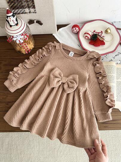 LMoss Kids LMoss Baby Girl Solid Color Knit Round Neck Ruffle Hem Casual Dress,Brown Skirt,Christmas,Styles Comfortable Autumn & Winter,Cozy Autumn And Winter Styles,Cozy Fall & Winter Styles